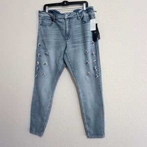 G by GIULIANA Womens Crystal Floral Accent Slim Fit Jean Light Blue Wash Size XL